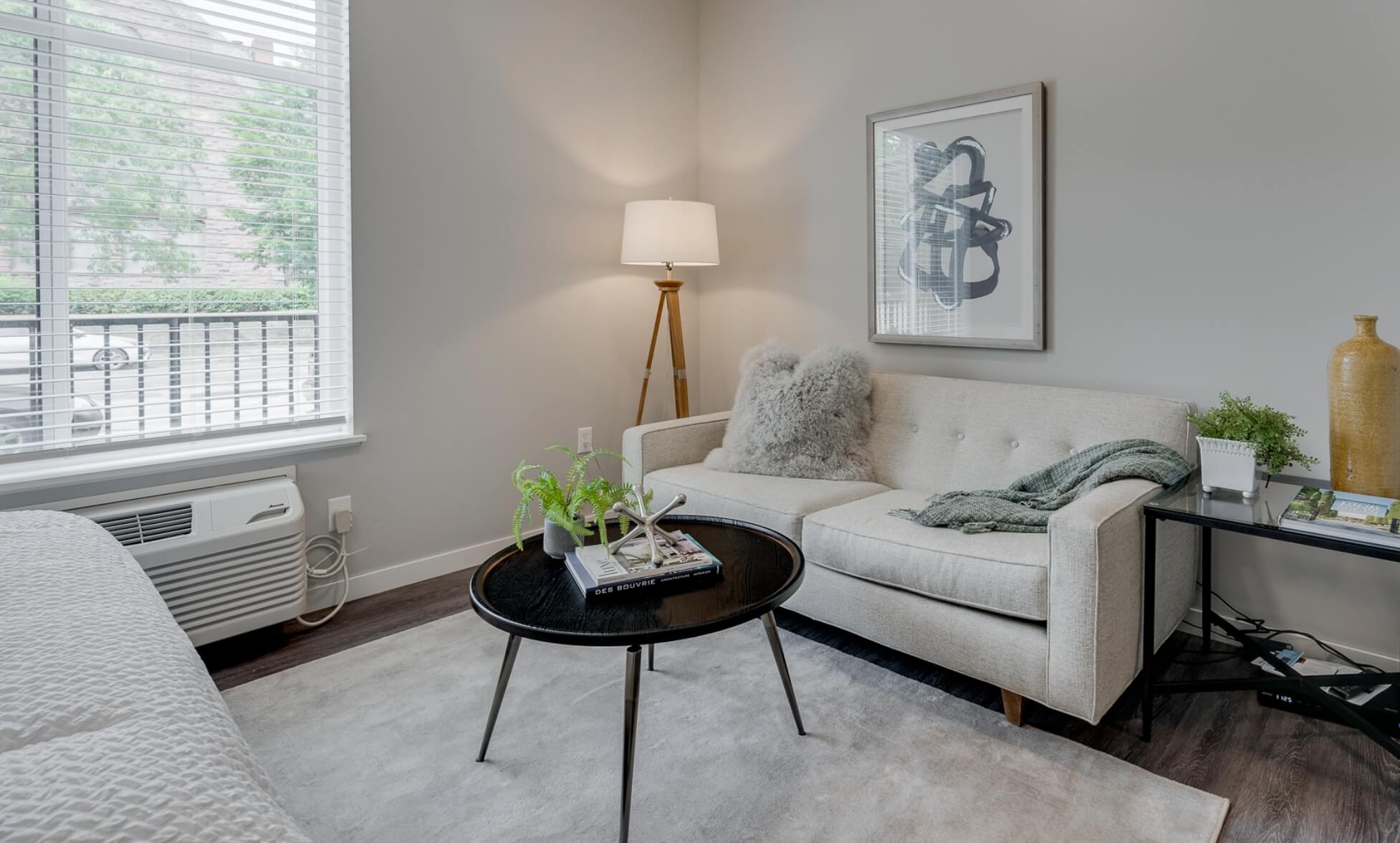 Living area with a stylish couch and natural light.